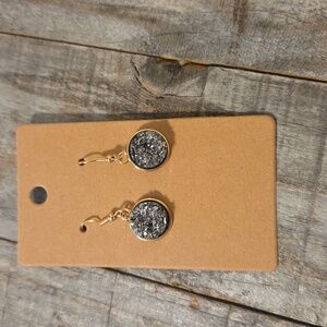 NEW Druzy Sparkly Drop Crystal Round Pendant Dangly Earrings Graphite & Gold